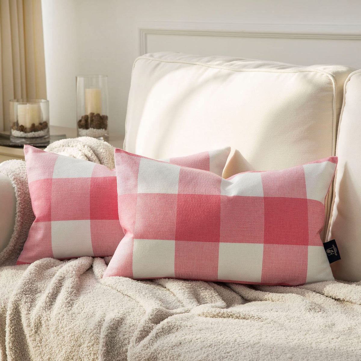 Phantoscope Pack of 2 Gingham Buffalo Check Plaid Throw Decorative Pillow Cover Outdoor Indoor Throw Pillows Farmhouse Square Pillow Cases for Home Decor Off White,18 x 18 Inches