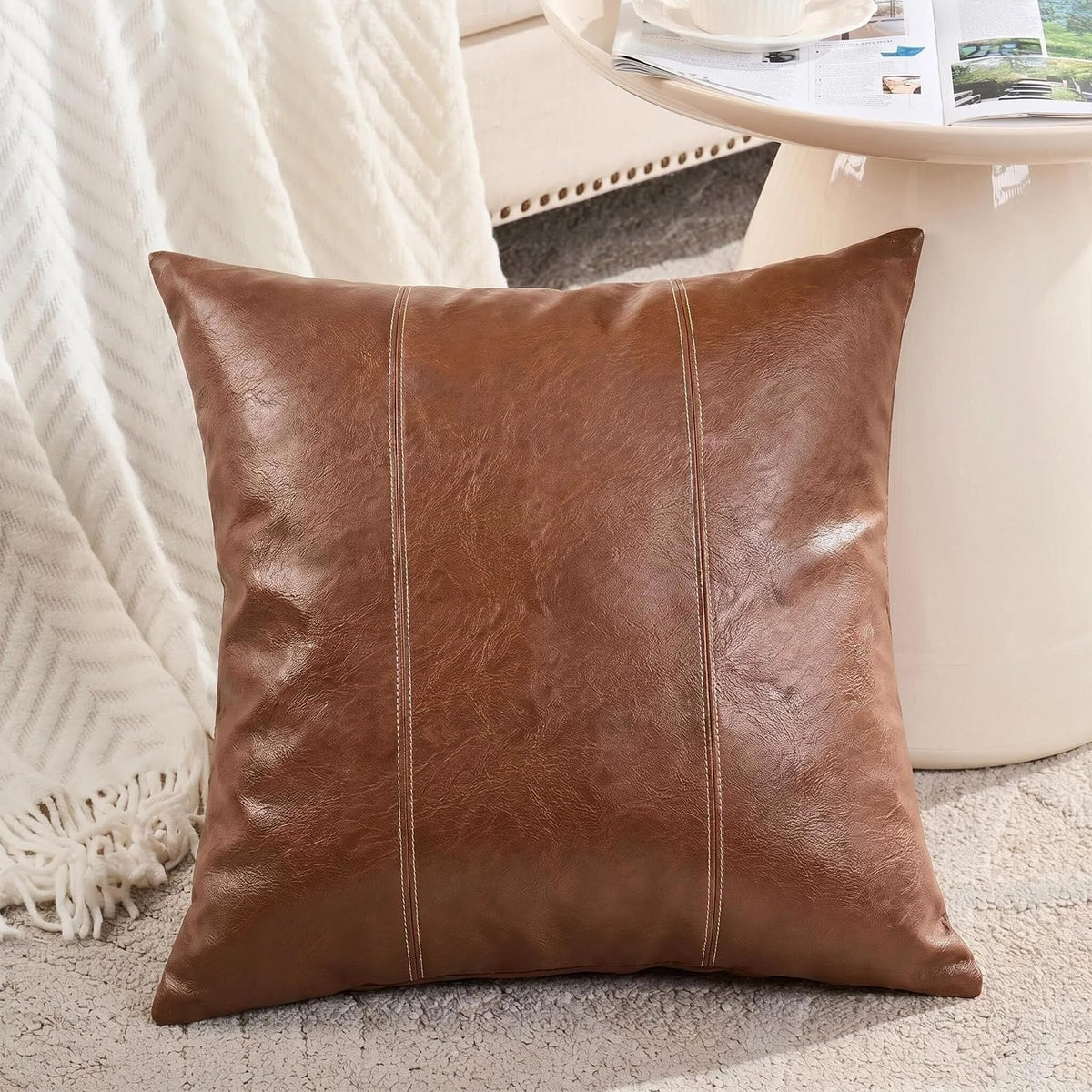Fancy Homi Brown Boho Long Lumbar Faux Leather Body Decorative Throw Pillow Cover 14x36 Inch for Bedroom Couch Bed Sofa Bench, Hand Stitched Stylish Pillowcase, Rustic Modern Farmhouse Room Decor