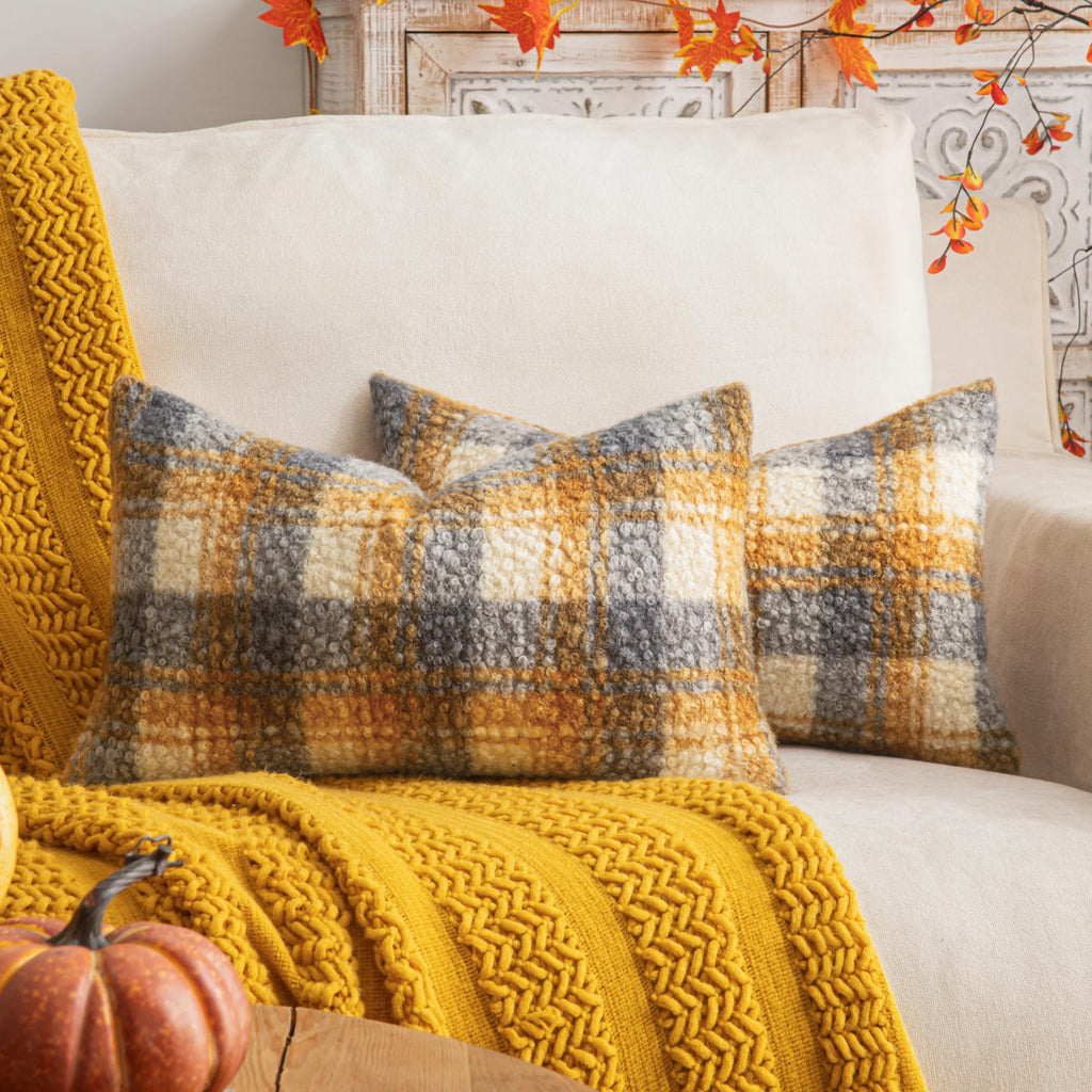 AQOTHES Plaid Fall Throw Pillow Covers Orange 18x18 Inch Set of 2