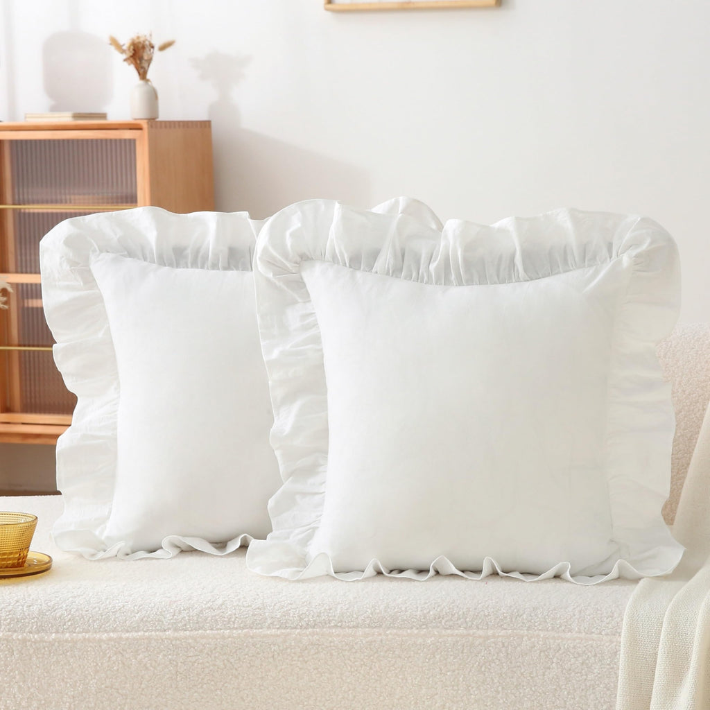 Gingham Throw Pillow Covers 18x18, Warm Taupe/White, Ruffle Trim