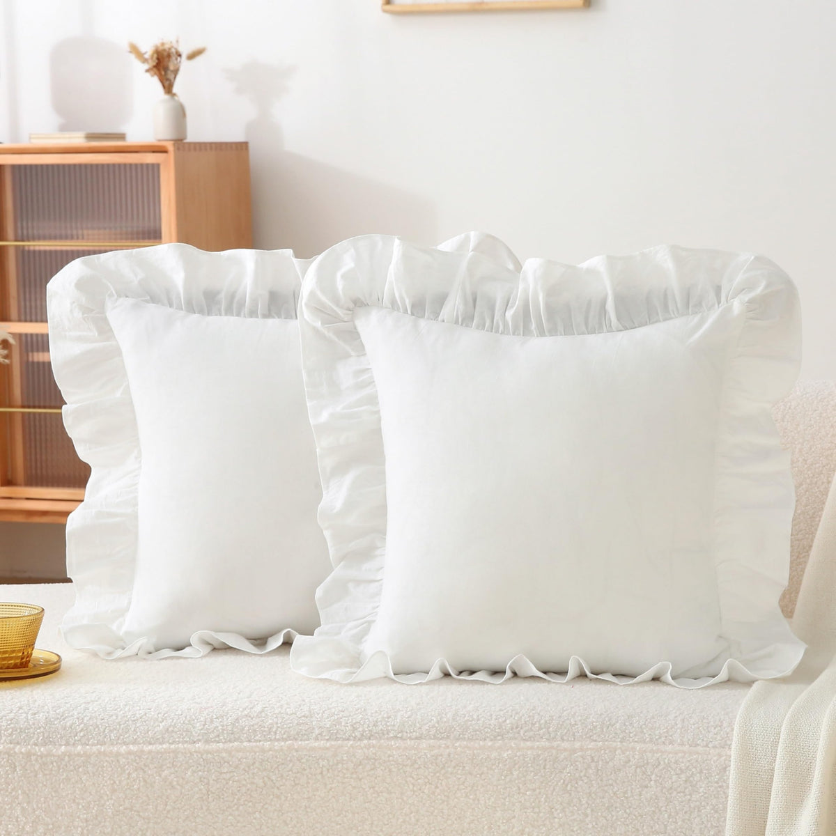 Gingham Throw Pillow Covers 18x18, Warm Taupe/White, Ruffle Trim