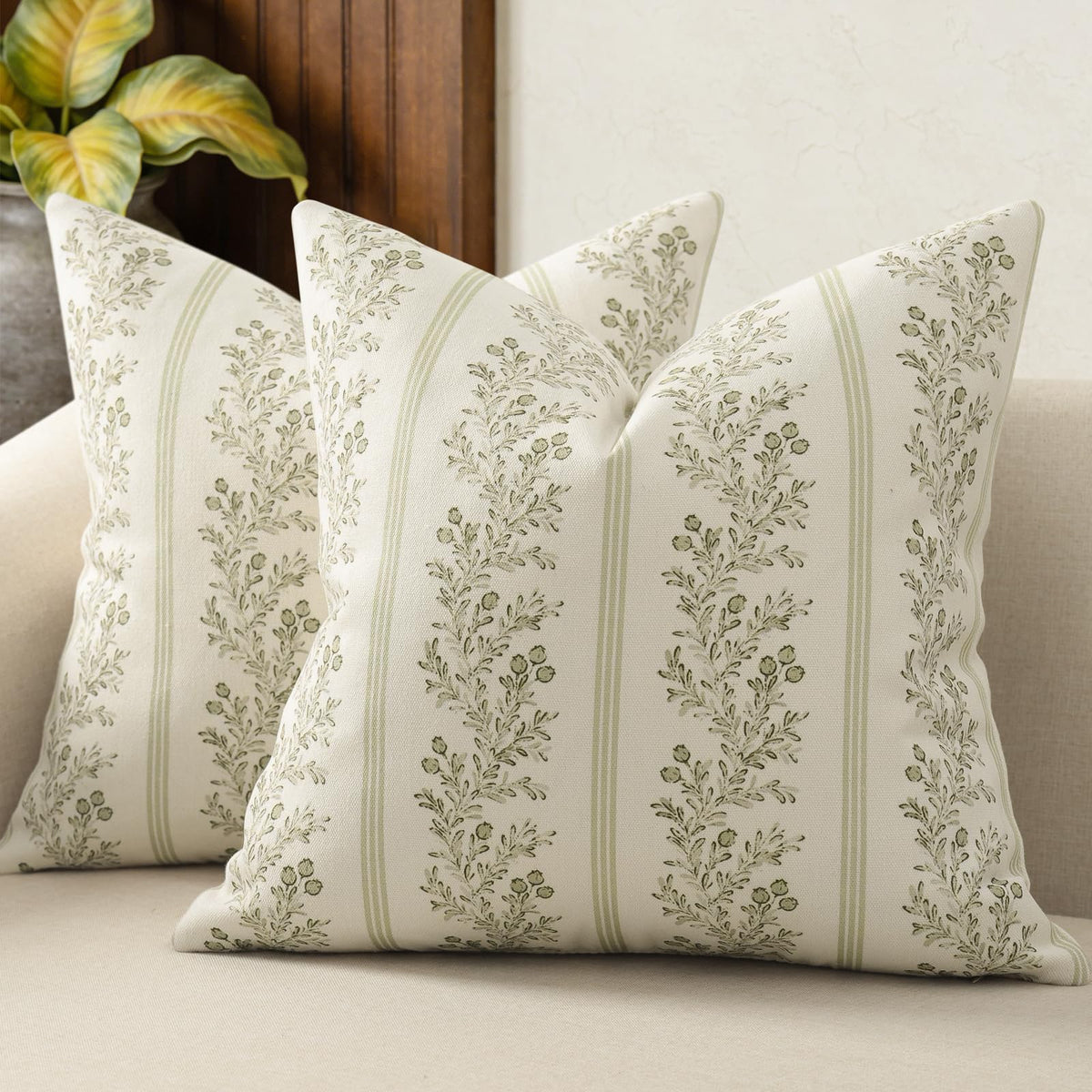 Vintage Throw Pillow Covers 18x18 Set of 2, Striped Floral Pillow Cover Botanical Patterned Decorative Cushion Covers Modern Farmhouse Home Decor for Sofa Couch Bed Living Room, Light Brown