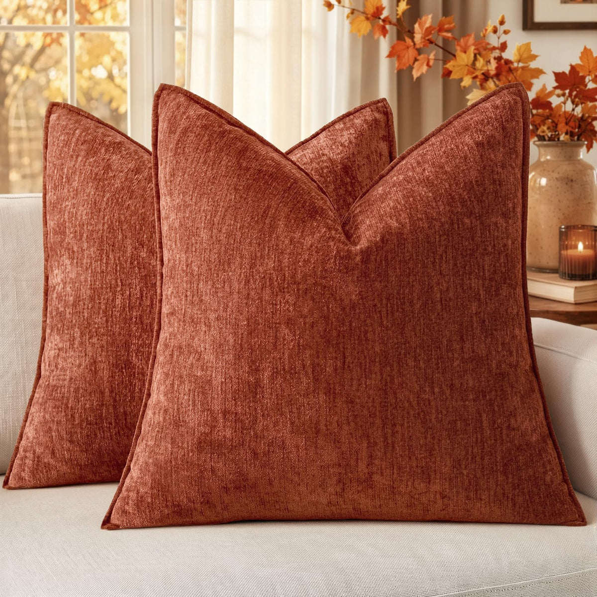 MIULEE Chenille Couch Pillow Covers for Living Room 18x18 Natural Beige