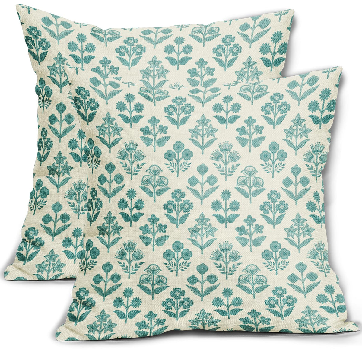 Blue Green Block Print Pillow Covers 18x18 Inch Set of 2, Vintage Floral Spring Decorative Throw Pillow Cases Boho Cushion Covers Rustic Decoration Gift Farmhouse Sofa Couch Bed Decor