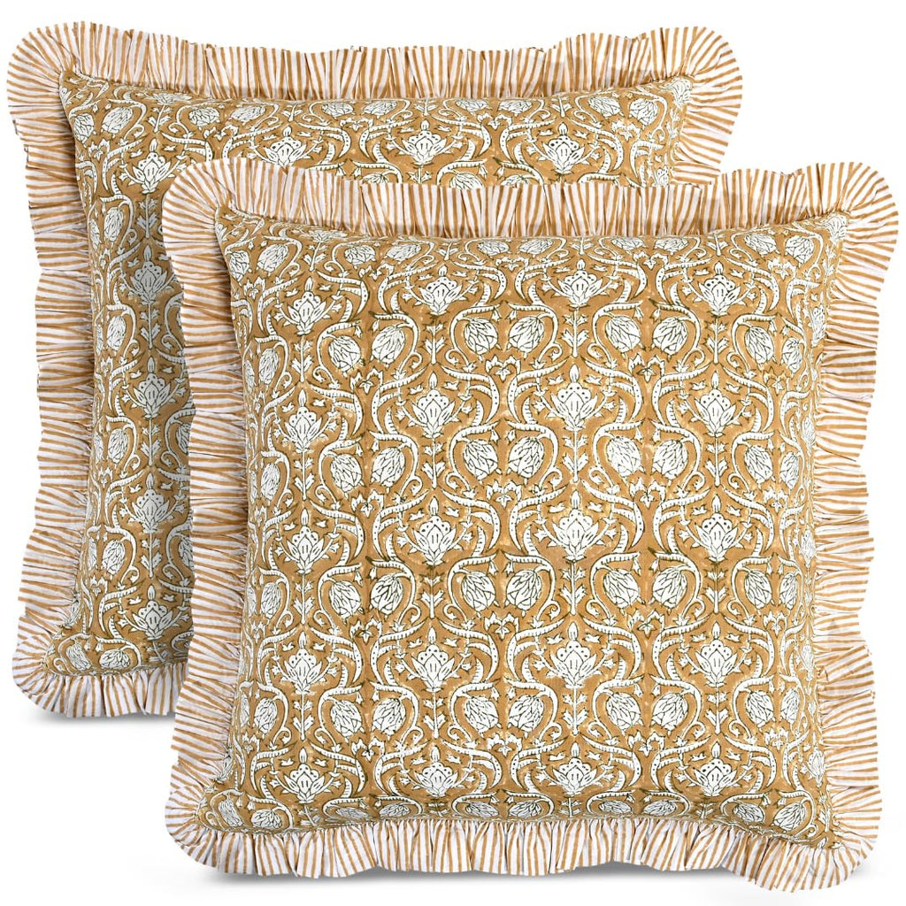 CPC Block Print Ruffle Throw Pillow Cover Emerald Green 20"x20", Pack of 2