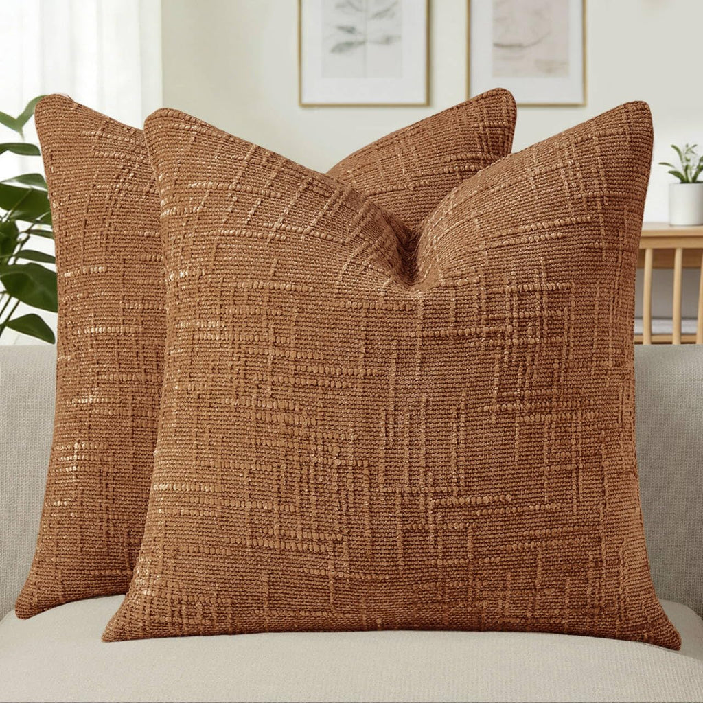 Allorry Decorative Couch Throw Pillow Covers 18x18 Set of 2 Camel Soft Chenille Pillow Covers Neutral Textured Boho Cushion Covers for Modern Farmhouse Sofa Bedroom Living Room Decor SY008-D18