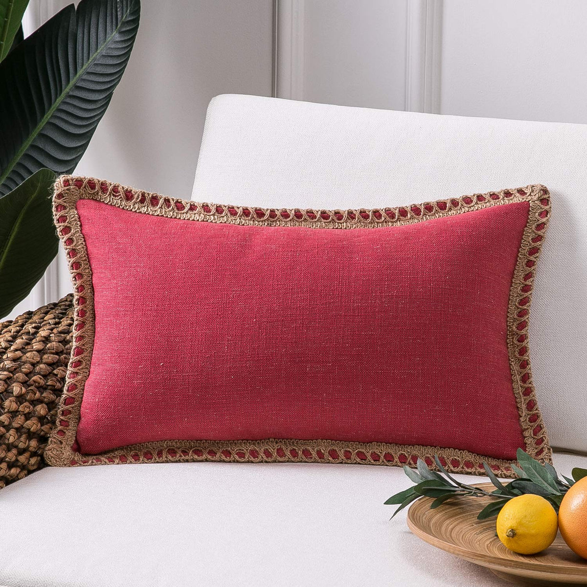 Phantoscope Pack of 2 Farmhouse Decorative Solid Throw Decorative Pillow Cover Burlap Linen Trimmed Tailored Edges Navy Blue 18 x 18 inches, 45 x 45 cm