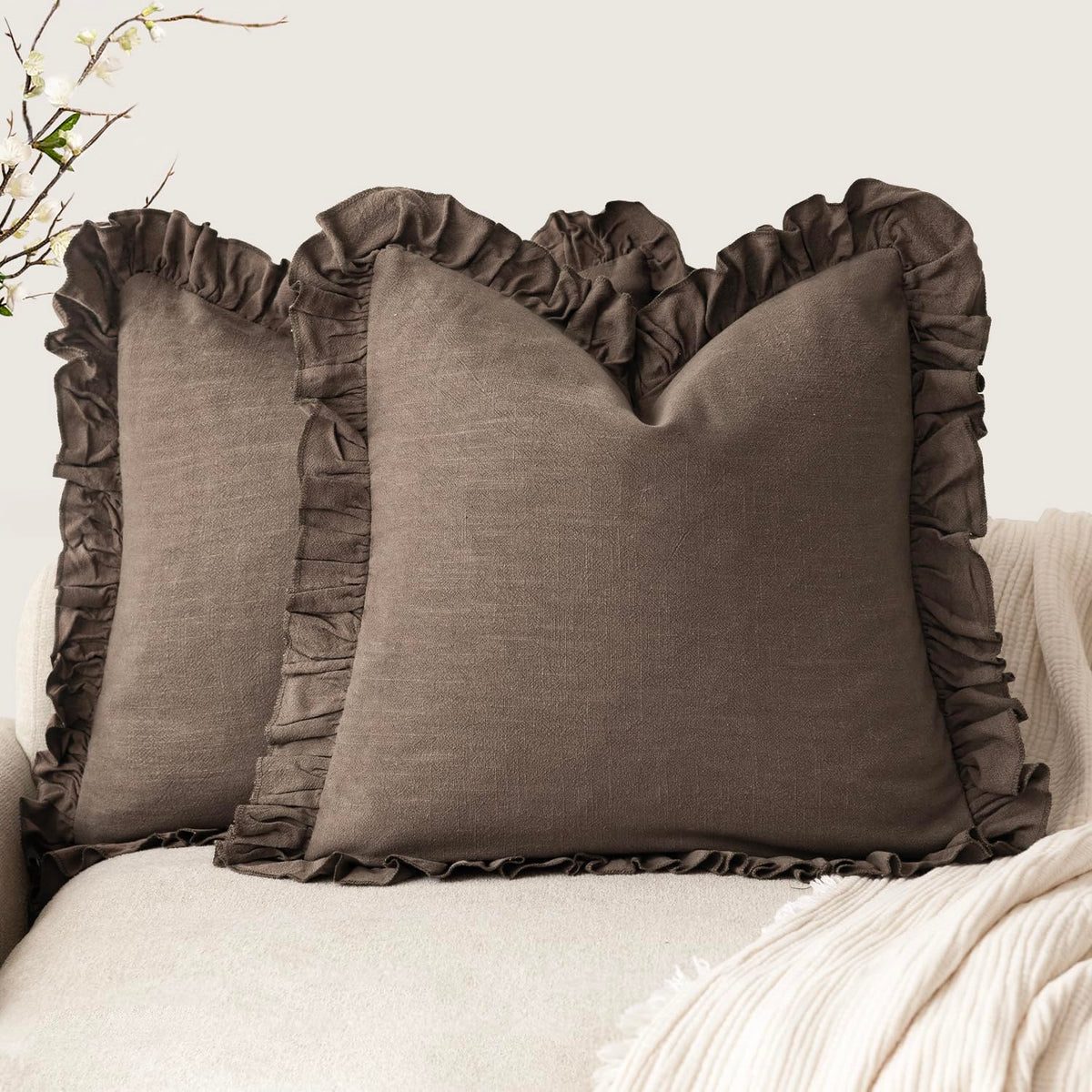 Foindtower Set of 2 Decorative Soild Fringe Ruffle Throw Pillow Covers Soft Boho Farmhouse Cushion Cover Cozy Accent Retro Pillowcase for Couch Sofa Bed Living Room Home Decor,20×20 Inch,Natural Beige