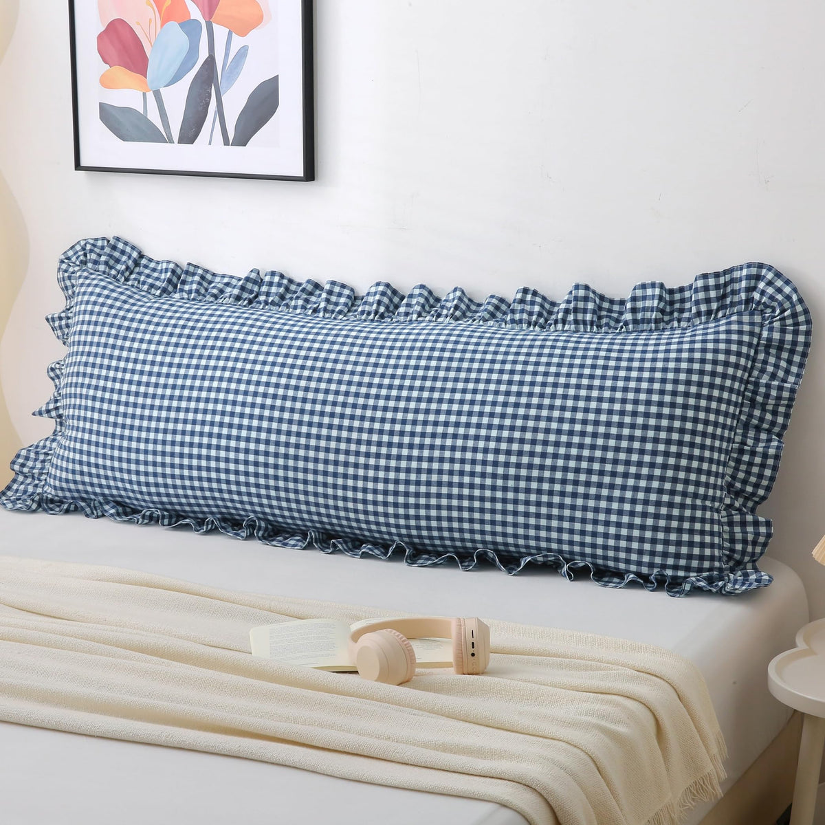 Gingham Throw Pillow Covers 18x18, Warm Taupe/White, Ruffle Trim