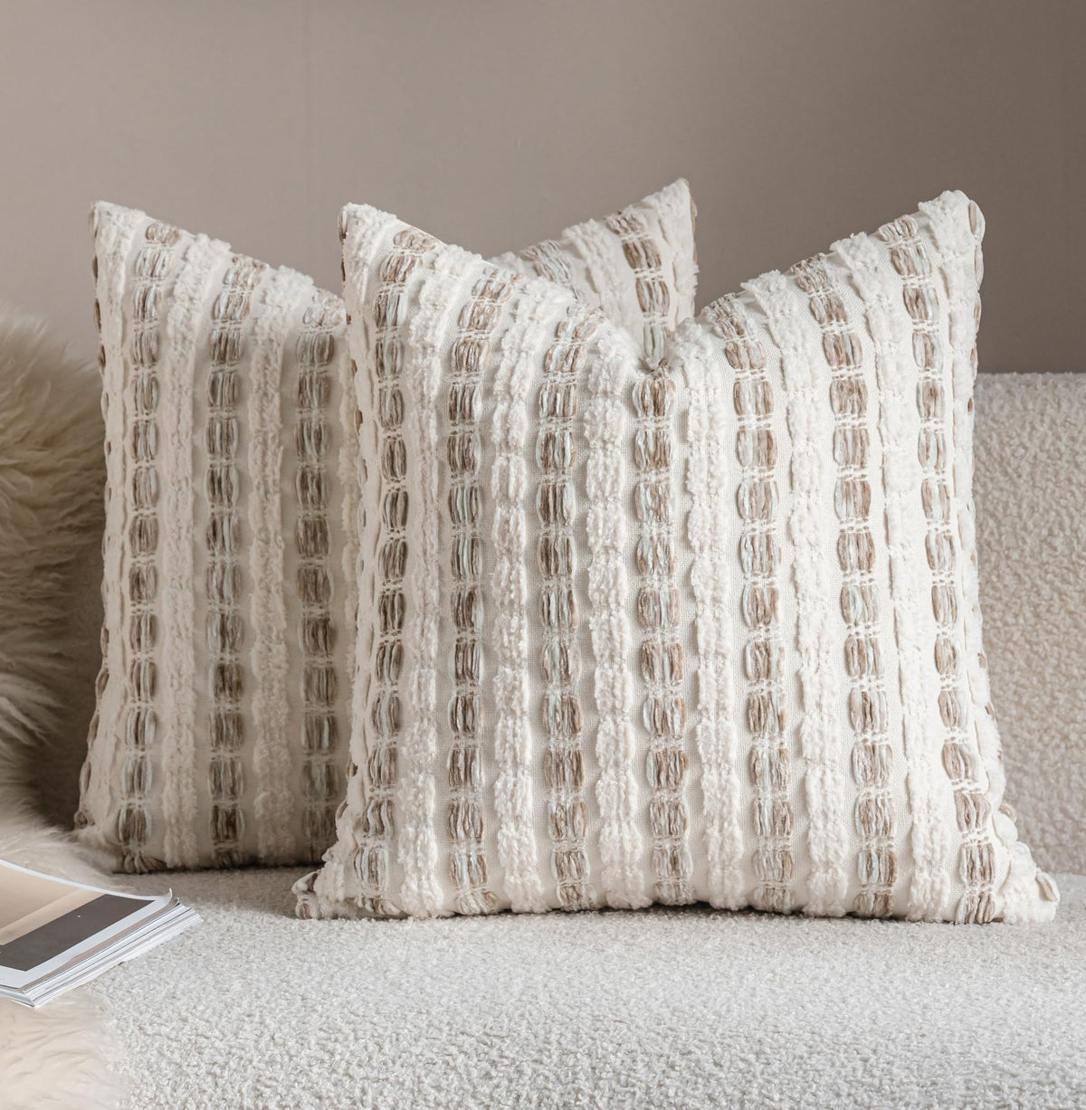 Caflife Beige Striped Chenille Boho Throw Pillow Covers 18x18 Inch Set of 2