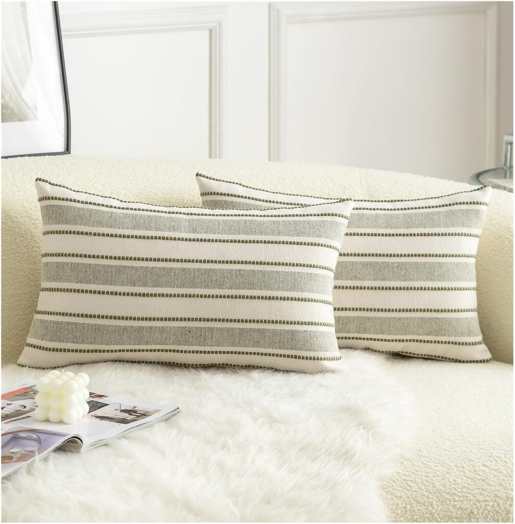 Cethom Decorative Boho Throw Pillow Covers, Farmhouse Textured Pillow Case, 20 x 20 Inch Set of 2, Chair Sofa Bedroom Living Room Home Decor Couch Cushion Case, Classic Blue and Beige Striped