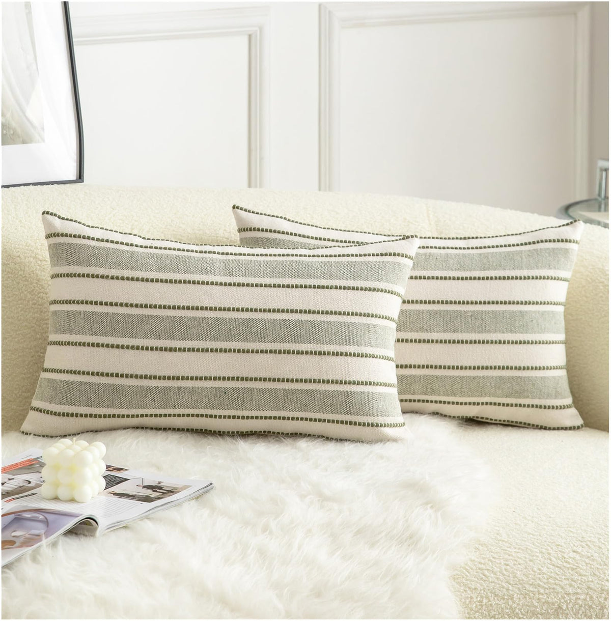 Cethom Decorative Boho Throw Pillow Covers, Farmhouse Textured Pillow Case, 20 x 20 Inch Set of 2, Chair Sofa Bedroom Living Room Home Decor Couch Cushion Case, Classic Blue and Beige Striped