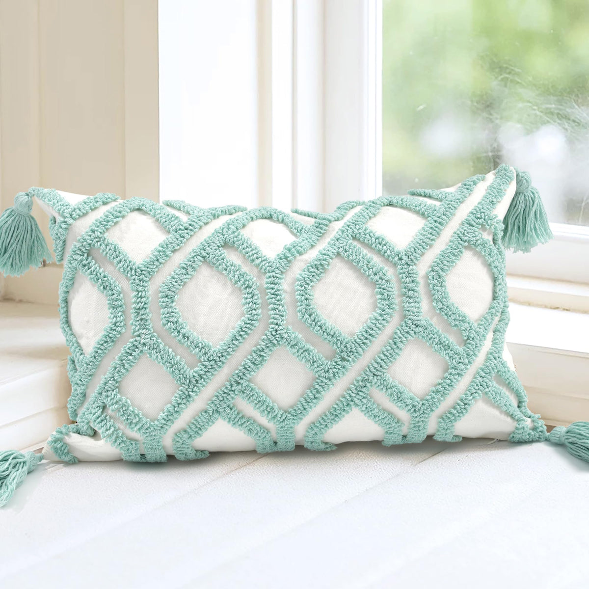 Boho Pillow Covers 18X18 Inch Boho Tufted Throw Pillow Covers Decorative Tassels Cushion Cover Farmhouse Pillow Case for Couch Sofa Bed Living Room Bedroom, Green