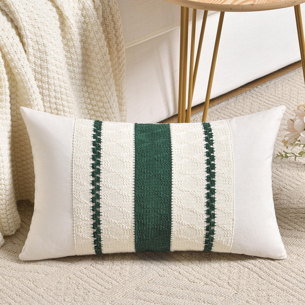 Fancy Homi Set of 1 Sage Green Boho Lumbar Decorative Throw Pillow Covers 12x20 Inch for Living Room Bedroom Couch Bed Chair, Rustic Retro Cushion Case, Bohemian Room Home Decor