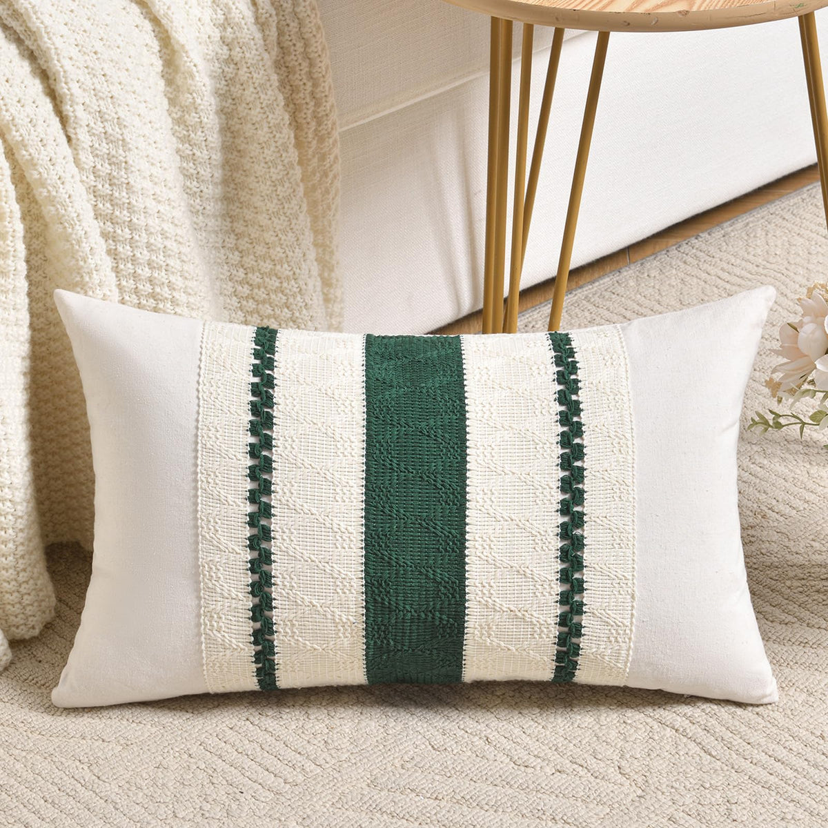 Fancy Homi Set of 1 Sage Green Boho Lumbar Decorative Throw Pillow Covers 12x20 Inch for Living Room Bedroom Couch Bed Chair, Rustic Retro Cushion Case, Bohemian Room Home Decor