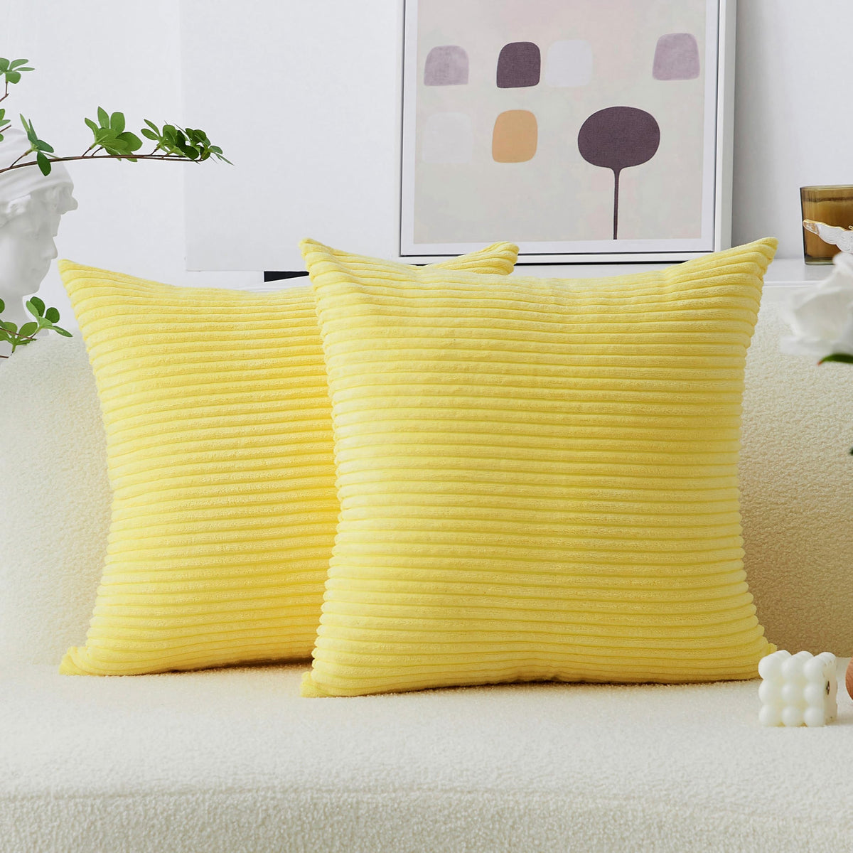 Home Brilliant Yellow Pillow Covers Summer Decorative Set of 2 Striped Corduroy Plush Velvet Throw Pillow Covers for Couch Decor, 18x18 inch, Light Yellow
