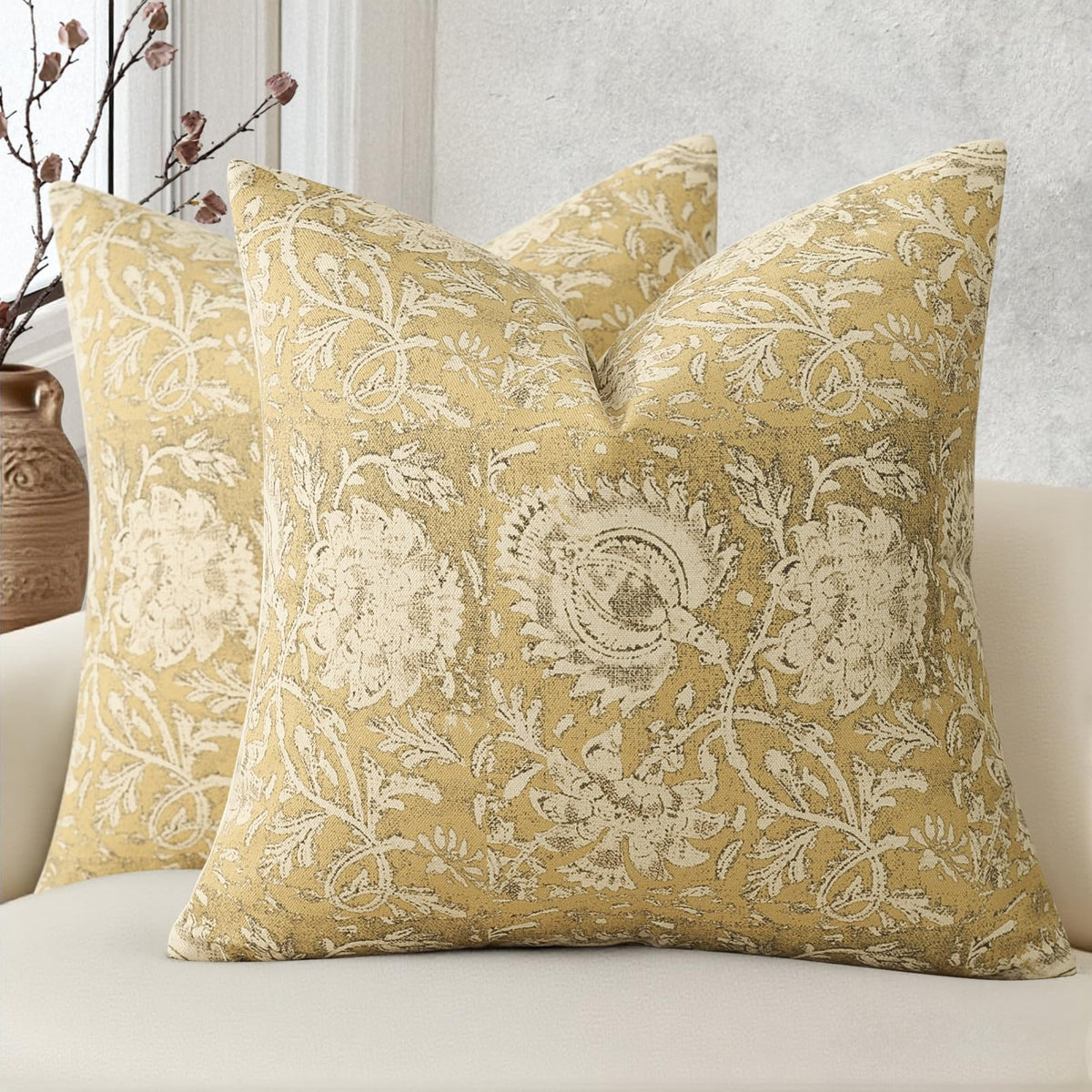 Vintage Floral Print Throw Pillow Covers 20x20 Set of 2 Neutral Modern Farmhouse Pillowcase Accent Decorative Cushion Covers Boho Home Decor for Couch Sofa Chair Bed Living Room, Olive Green