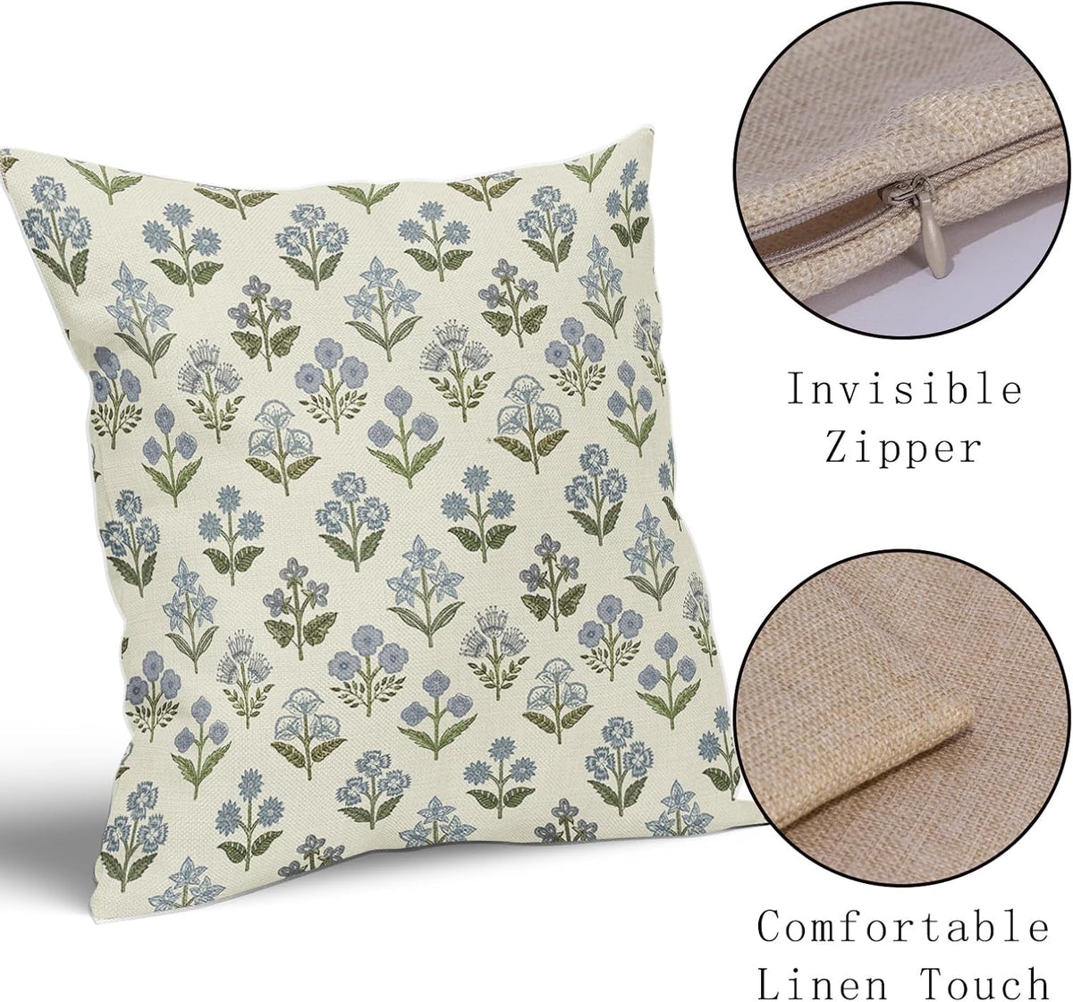Blue Green Block Print Pillow Covers 18x18 Inch Set of 2, Vintage Floral Spring Decorative Throw Pillow Cases Boho Cushion Covers Rustic Decoration Gift Farmhouse Sofa Couch Bed Decor