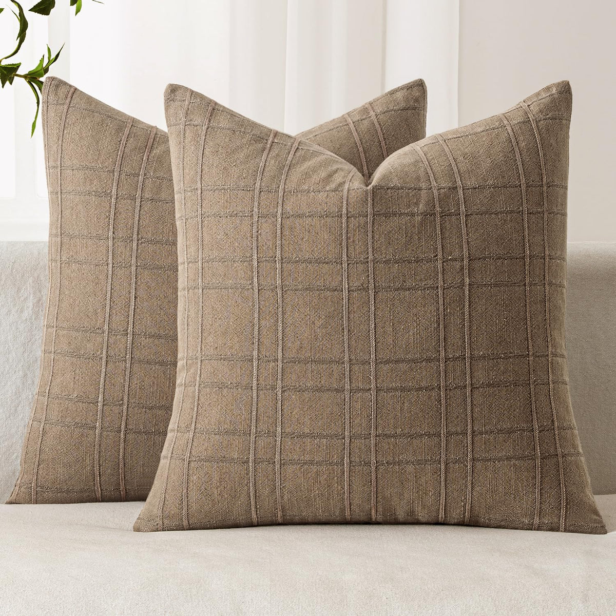 MIULEE Linen Plaid Pillow Covers Decorative 20x20 Natural Beige