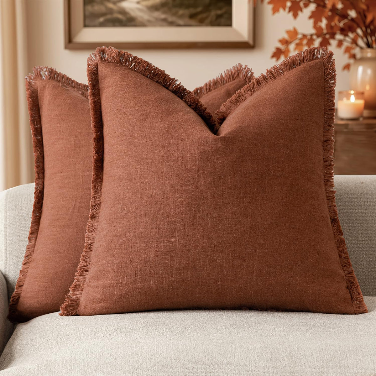 Foindtower Decorative Linen Fringe Throw Pillow Covers 18×18 Olive Green