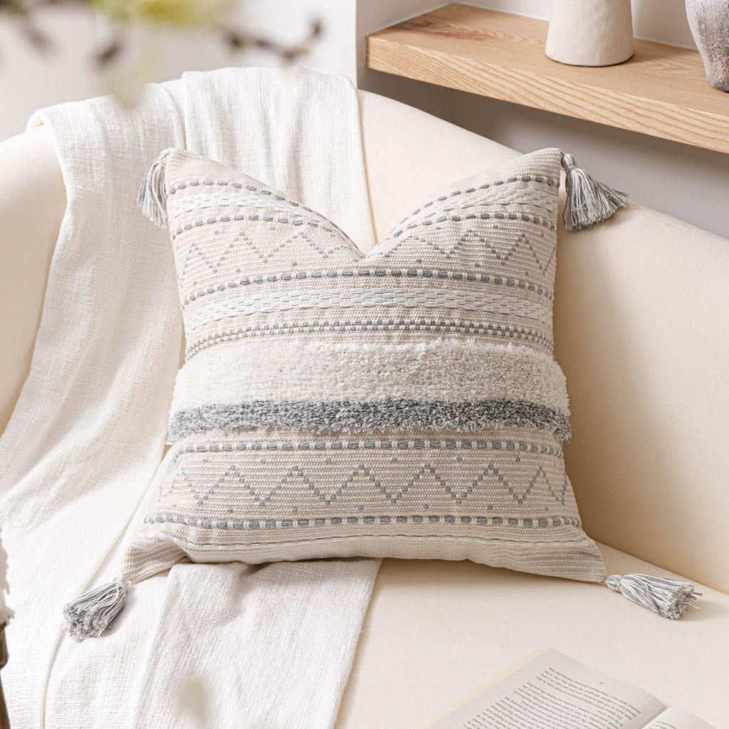BlissBlush 14x36 Lumbar Pillow Cover for Bed, Rectangular Long Decorative Throw Pillowcase, Boho Accent Cushion with Tufted Pattern and Tassels, Cream Beige Neutral (Cover Only)