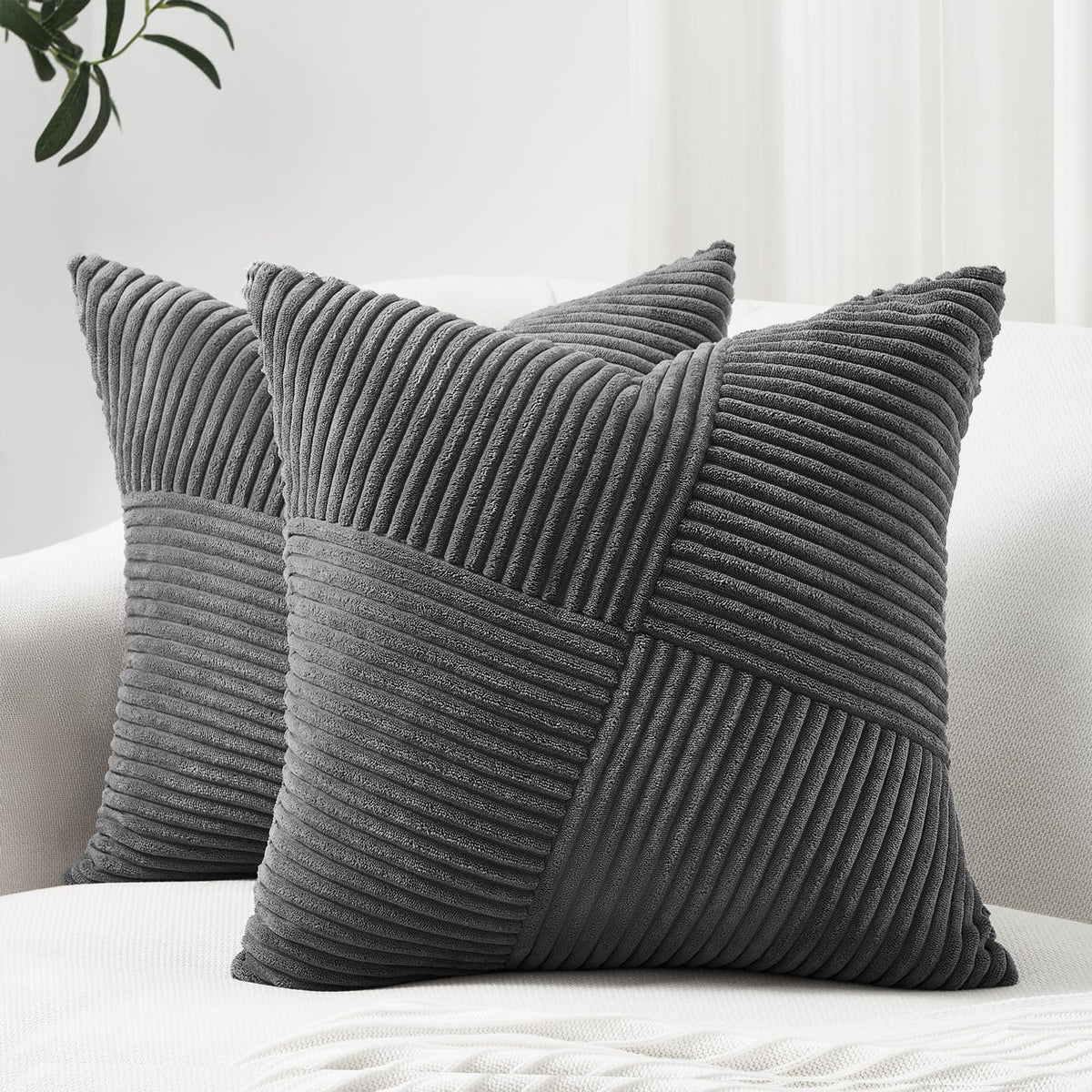 Topfinel Olive Green Decorative Throw Pillow Covers Set of 2 18x18 Inches for Couch Bed Sofa, Boho Aesthetic Home Decor, Soft Corduroy Striped Patchwork Windmill Textured Cushion Cases 45x45 cm