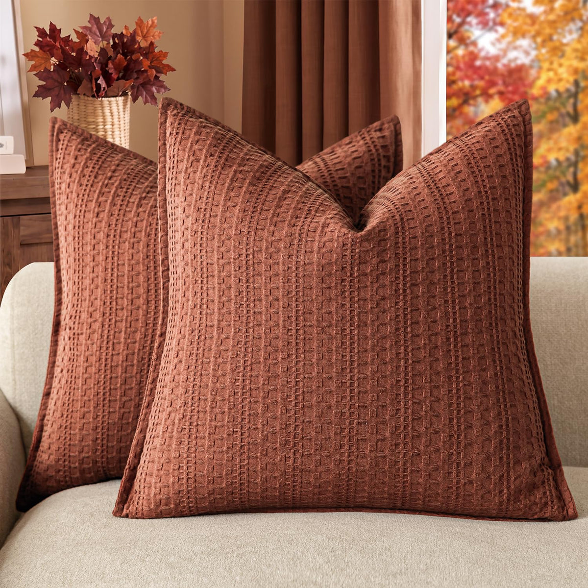Foindtower Set of 2 Decorative Cotton Waffle Weave Textured Throw Pillow Covers Euro Sham Cushion Covers Accent European Pillowcase For Bed Couch Sofa Bedroom Living Room Home Decor 18×18 Inch Oatmeal
