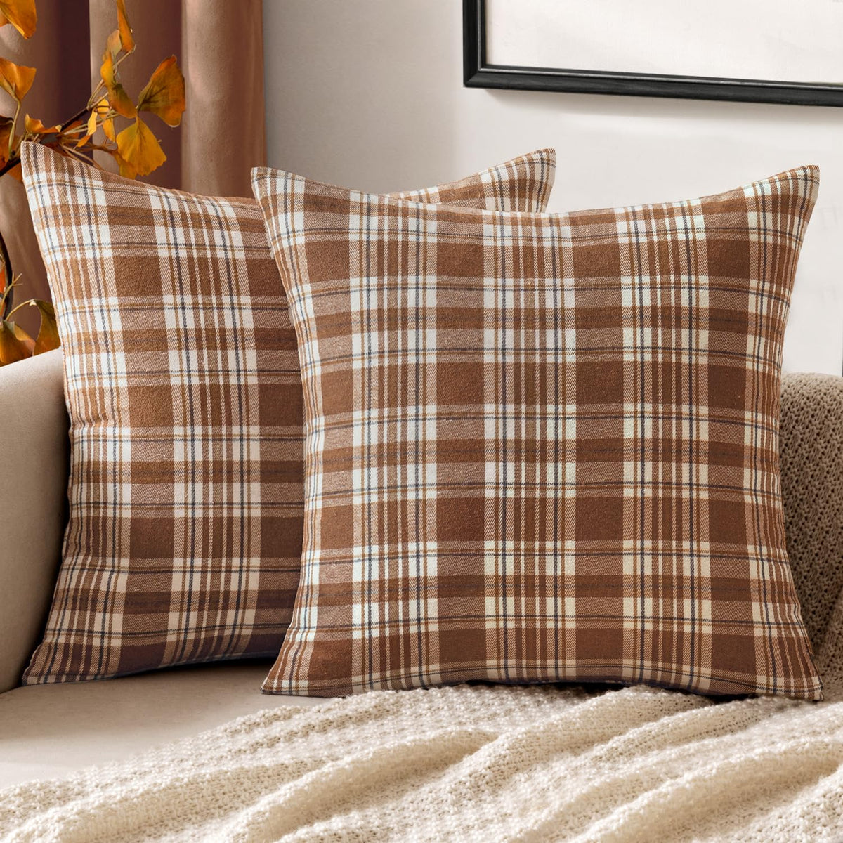 MIULEE Fall Plaid Pillow Covers Scottish Tartan 18x18 Brown