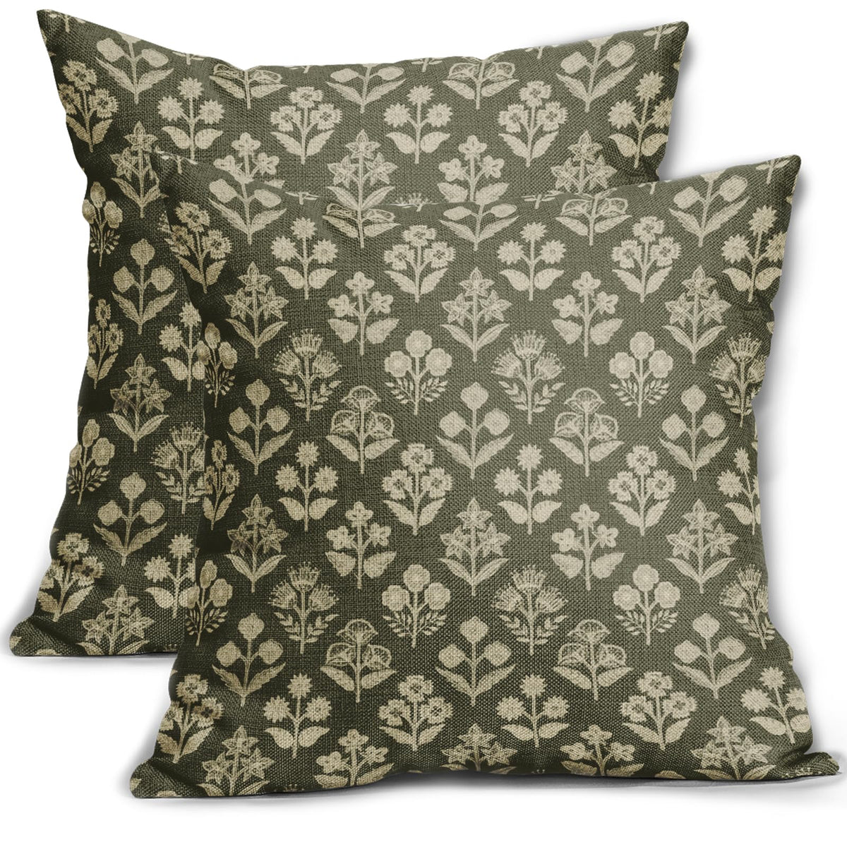 Blue Green Block Print Pillow Covers 18x18 Inch Set of 2, Vintage Floral Spring Decorative Throw Pillow Cases Boho Cushion Covers Rustic Decoration Gift Farmhouse Sofa Couch Bed Decor