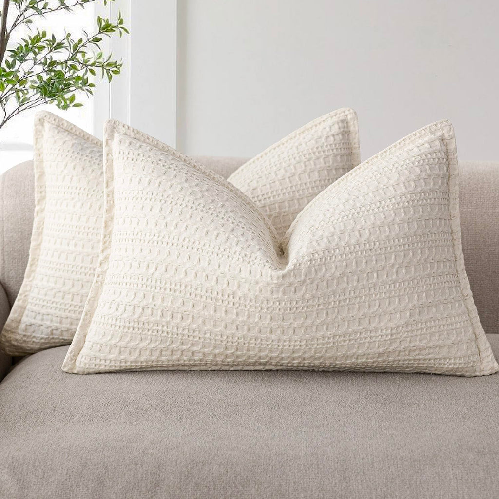 Foindtower Set of 2 Decorative Cotton Waffle Weave Textured Throw Pillow Covers Euro Sham Cushion Covers Accent European Pillowcase For Bed Couch Sofa Bedroom Living Room Home Decor 18×18 Inch Oatmeal