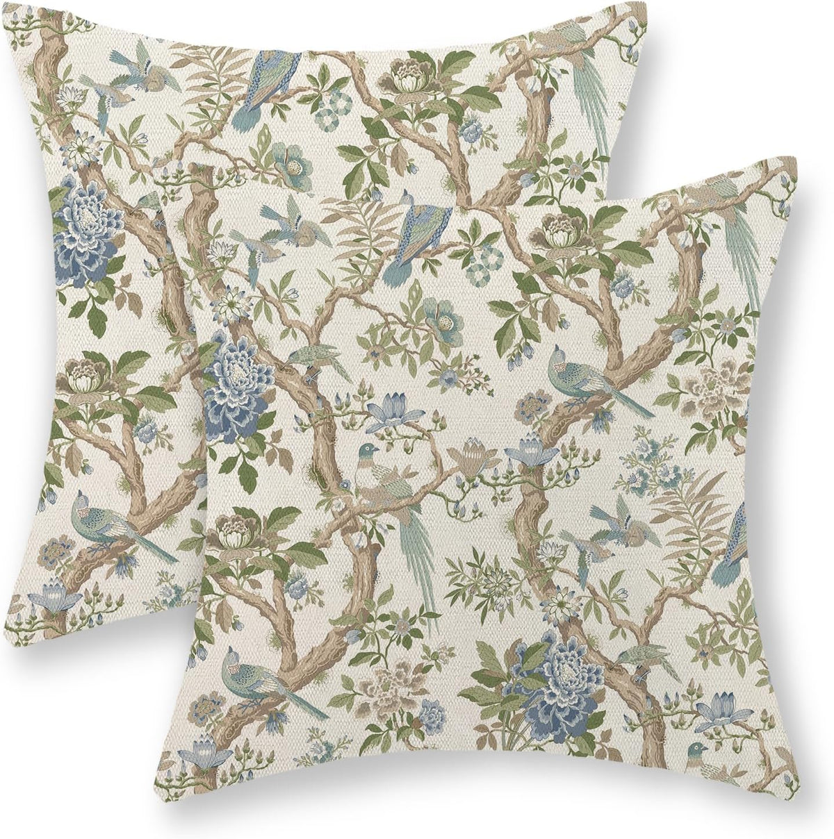 Chinoiserie Pillow Covers 18x18 Set of 2 Blue Green Bird Floral Throw Pillows Vintage Blue Flowers Decorations Outdoor Pillowcase Chinoiserie Decor Farmhouse Linen Cushion Case for Couch Home