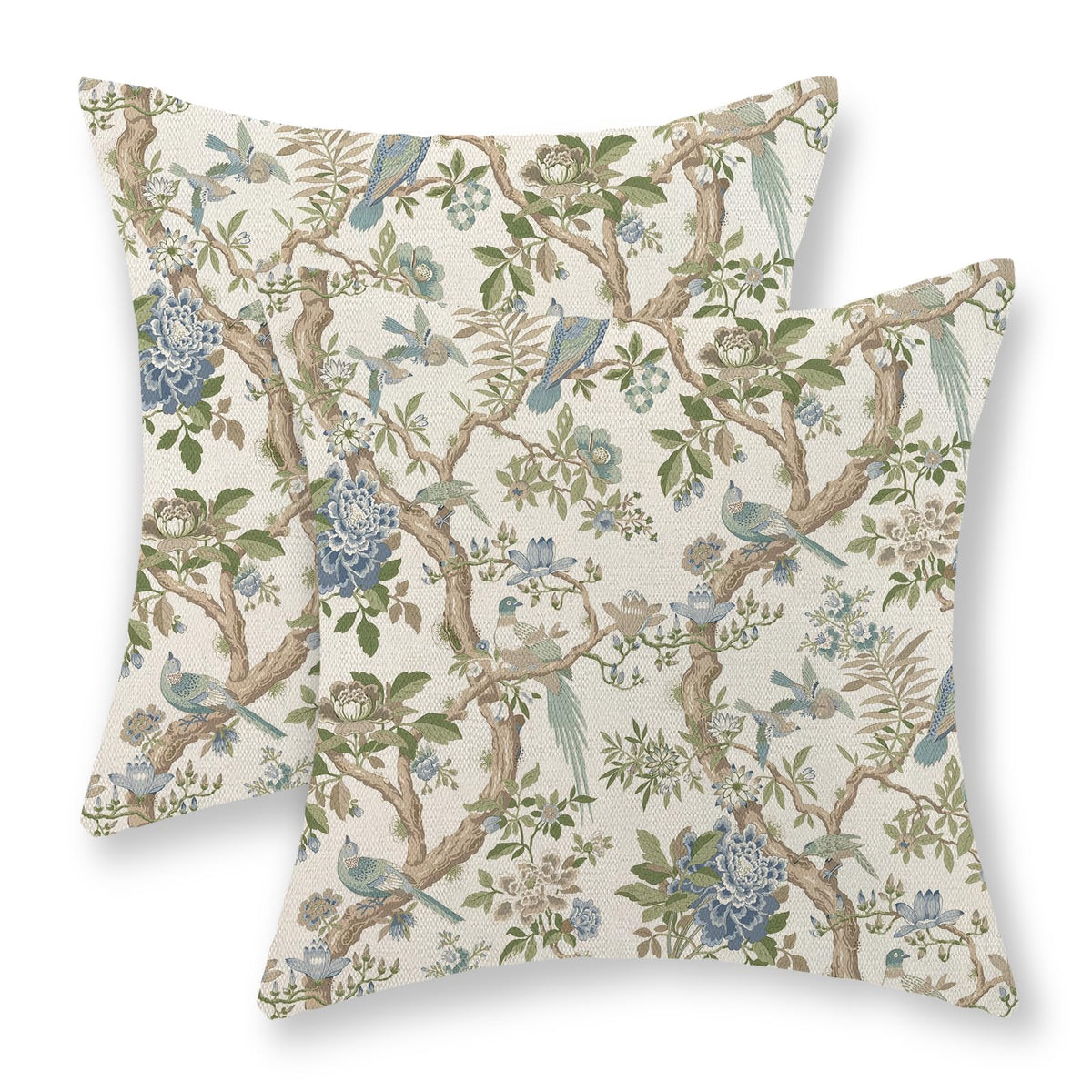 Chinoiserie Pillow Covers 18x18 Set of 2 Blue Green Bird Floral Throw Pillows Vintage Blue Flowers Decorations Outdoor Pillowcase Chinoiserie Decor Farmhouse Linen Cushion Case for Couch Home