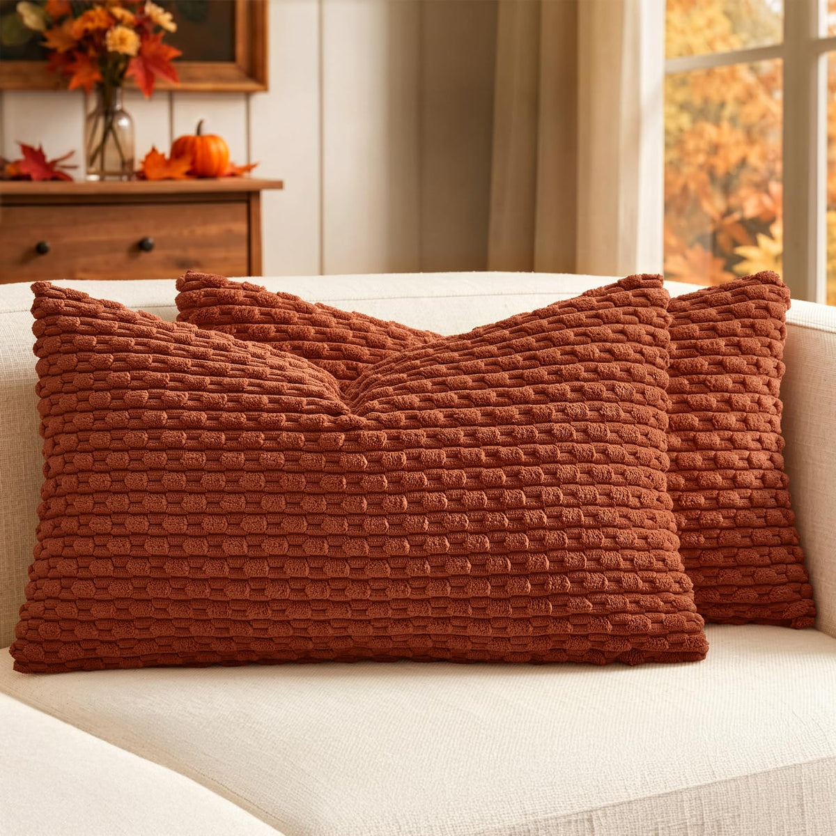 MIULEE Decorative Throw Pillow Covers 20x20 Cream White Textured Corduroy