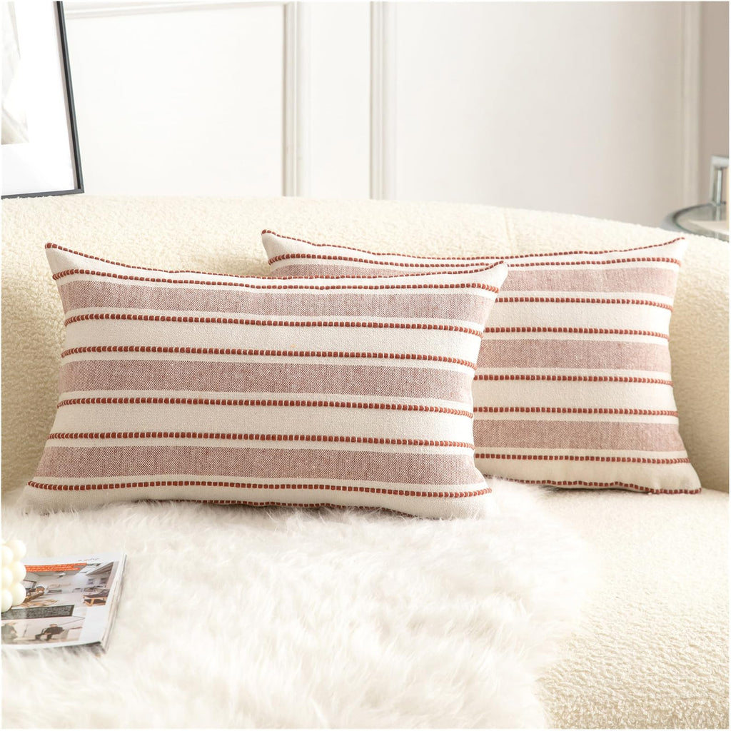 Cethom Decorative Boho Throw Pillow Covers, Farmhouse Textured Pillow Case, 20 x 20 Inch Set of 2, Chair Sofa Bedroom Living Room Home Decor Couch Cushion Case, Classic Blue and Beige Striped