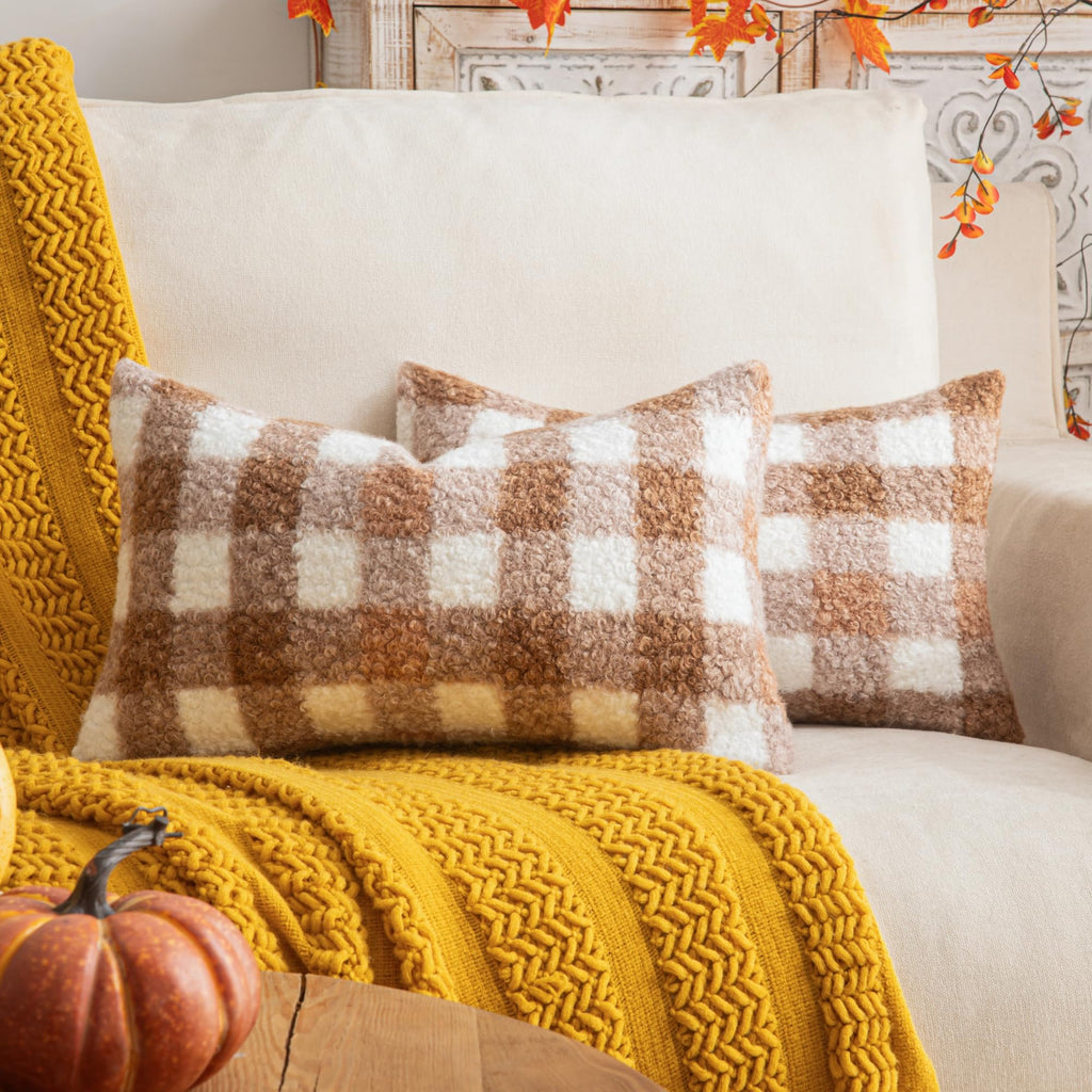 AQOTHES Plaid Fall Throw Pillow Covers Orange 18x18 Inch Set of 2