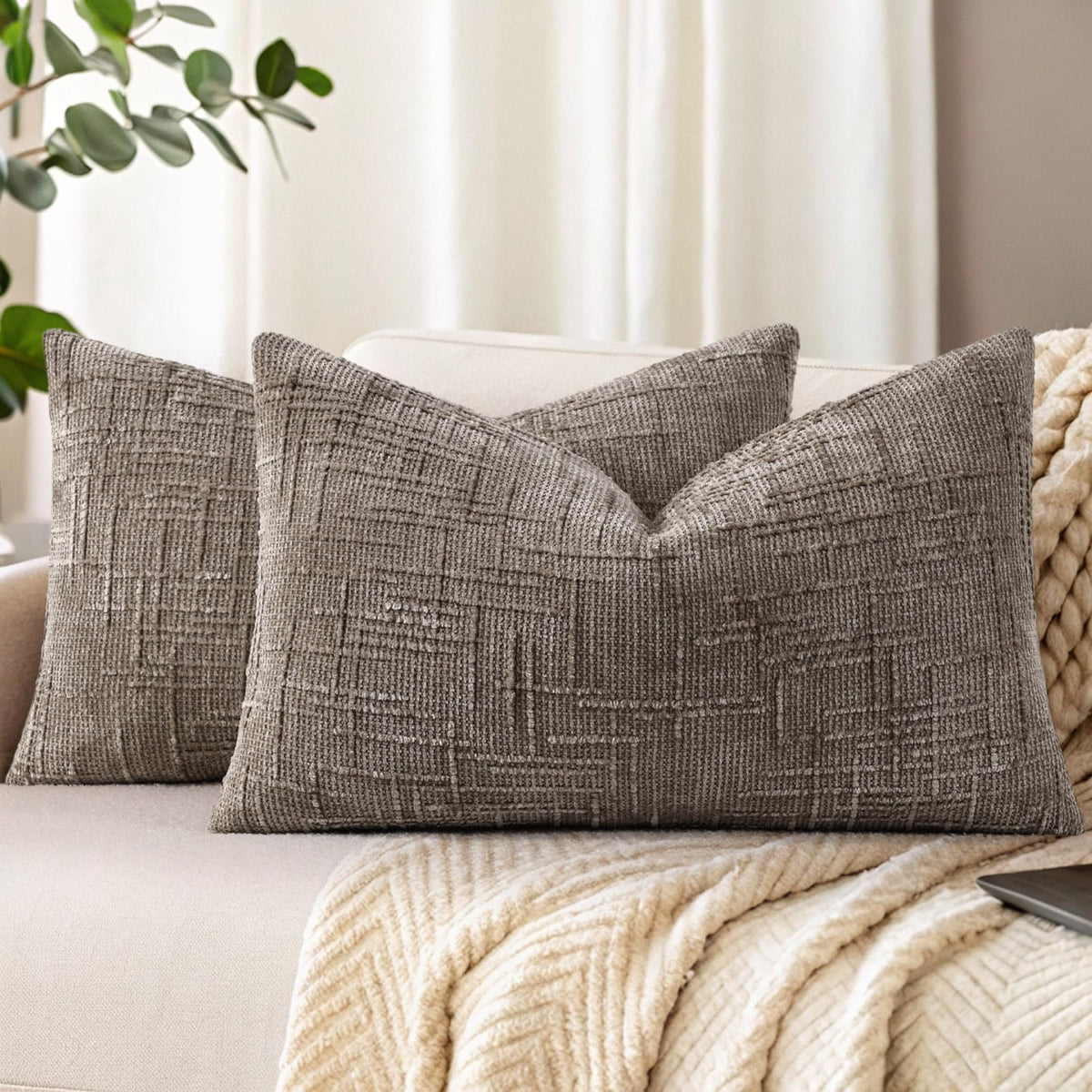 decorUhome Textured Chenille Throw Pillow Covers 18x18 Set of 2 Cream White