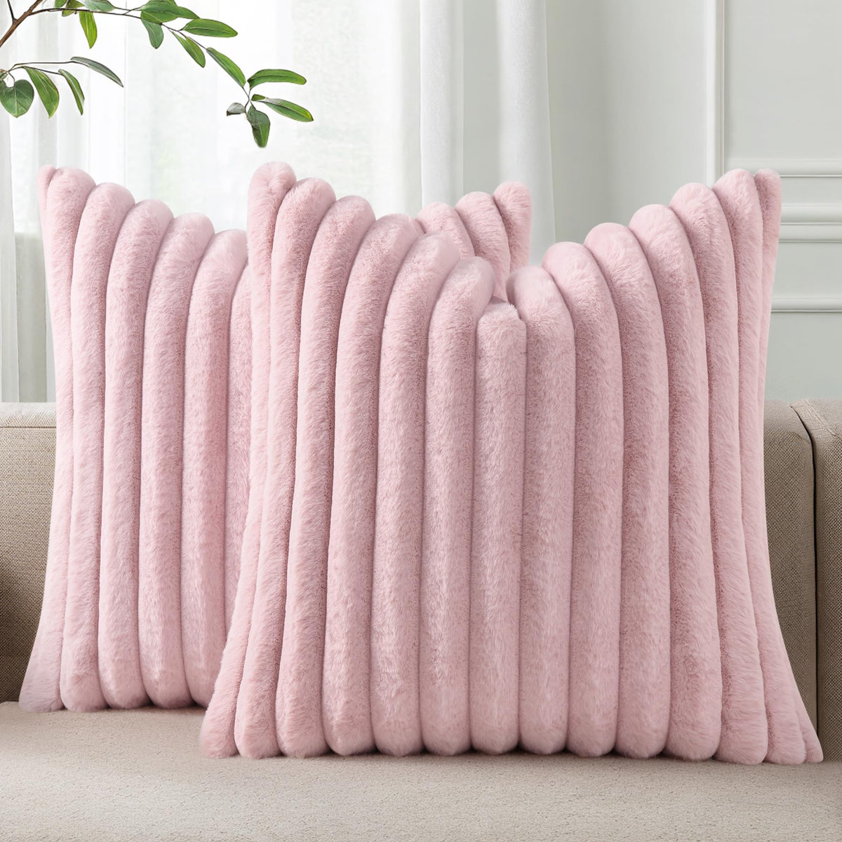 Pallene Faux Fur Decorative Throw Pillow Covers 18x18 Set of 2, Cream White