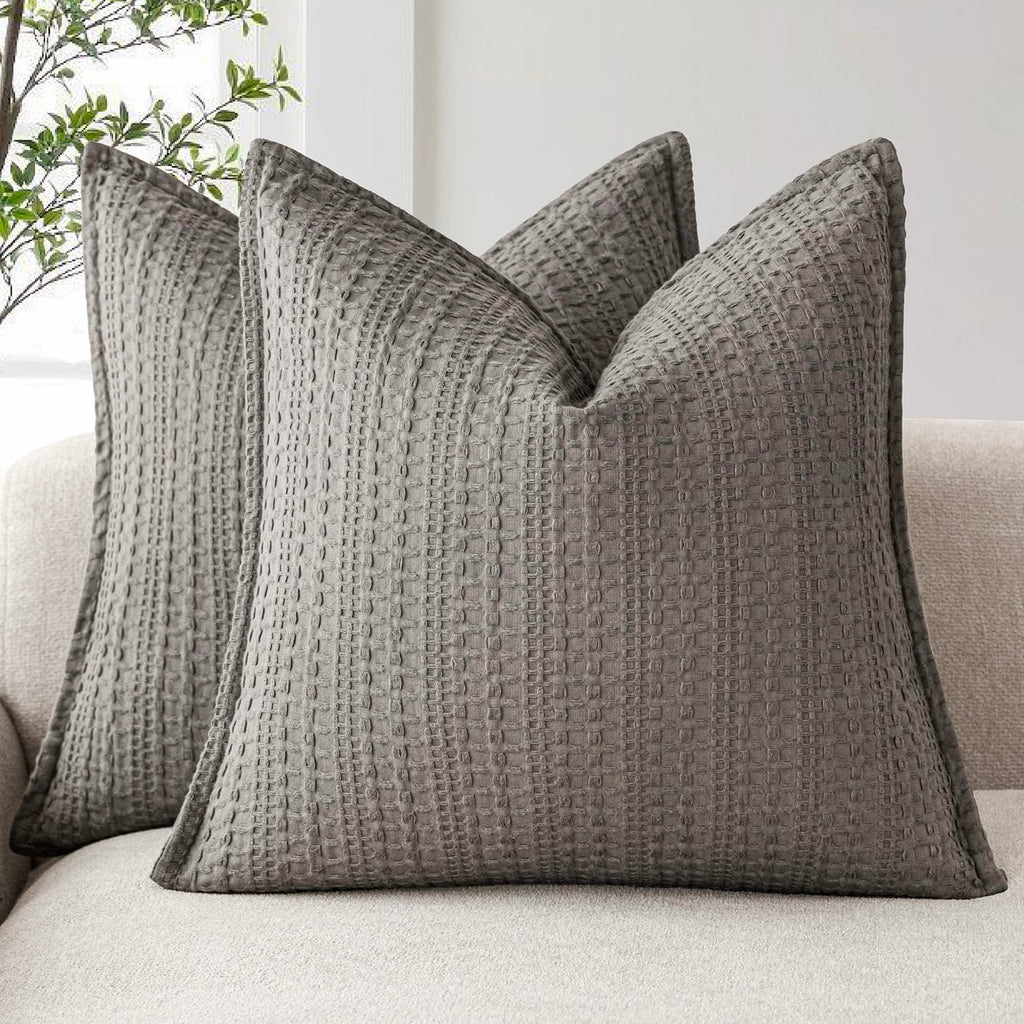 Foindtower Set of 2 Decorative Cotton Waffle Weave Textured Throw Pillow Covers Euro Sham Cushion Covers Accent European Pillowcase For Bed Couch Sofa Bedroom Living Room Home Decor 18×18 Inch Oatmeal