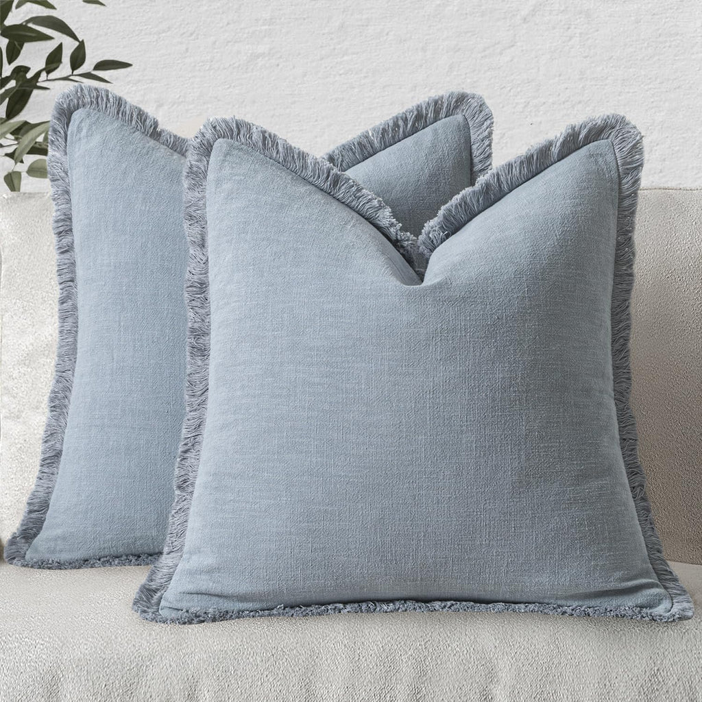 MIULEE Linen Fringe Decorative Throw Pillow Covers Natural Beige 20x20