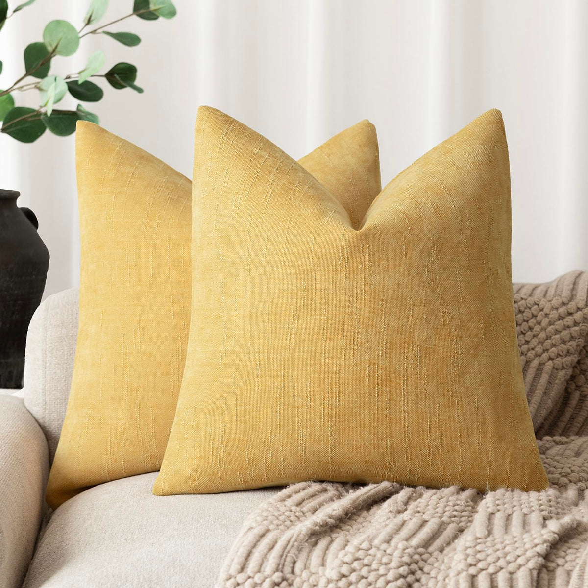 Foindtower Solid Textured Chenille Throw Pillow Covers 20x20 Inch,Taupe