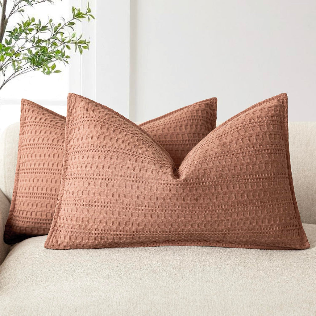 Foindtower Set of 2 Decorative Cotton Waffle Weave Textured Throw Pillow Covers Euro Sham Cushion Covers Accent European Pillowcase For Bed Couch Sofa Bedroom Living Room Home Decor 18×18 Inch Oatmeal