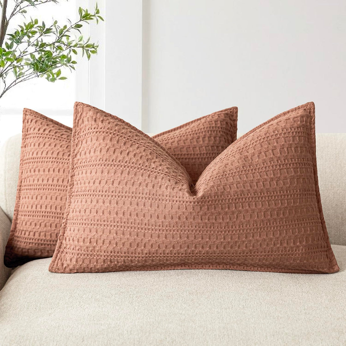 Foindtower Set of 2 Decorative Cotton Waffle Weave Textured Throw Pillow Covers Euro Sham Cushion Covers Accent European Pillowcase For Bed Couch Sofa Bedroom Living Room Home Decor 18×18 Inch Oatmeal