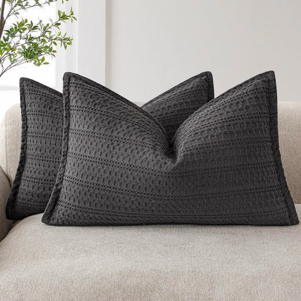 Foindtower Set of 2 Decorative Cotton Waffle Weave Textured Throw Pillow Covers Euro Sham Cushion Covers Accent European Pillowcase For Bed Couch Sofa Bedroom Living Room Home Decor 18×18 Inch Oatmeal