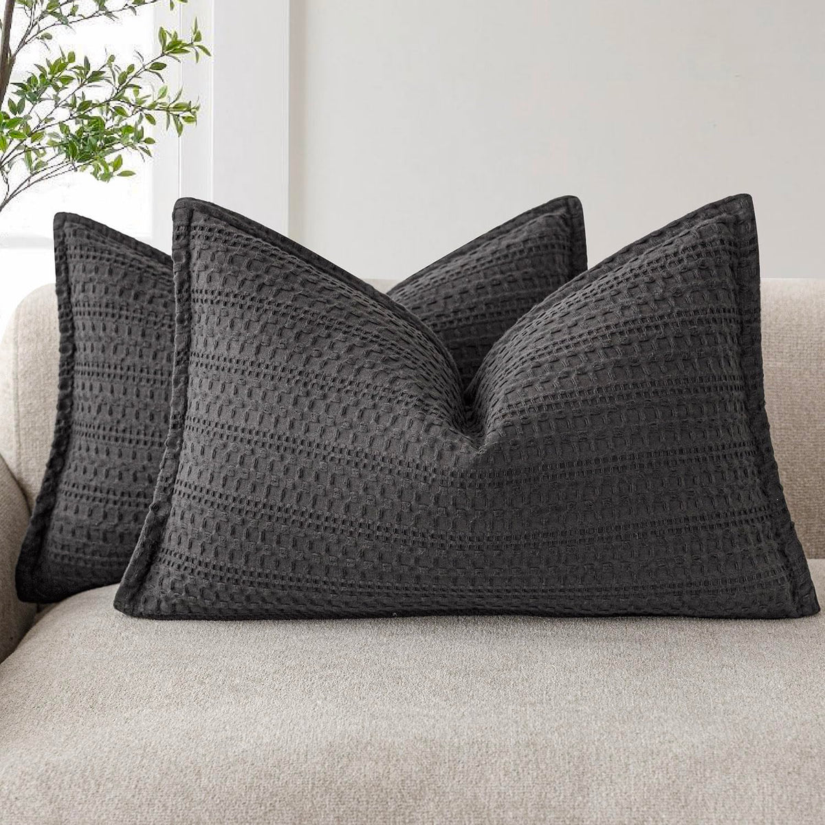 Foindtower Set of 2 Decorative Cotton Waffle Weave Textured Throw Pillow Covers Euro Sham Cushion Covers Accent European Pillowcase For Bed Couch Sofa Bedroom Living Room Home Decor 18×18 Inch Oatmeal