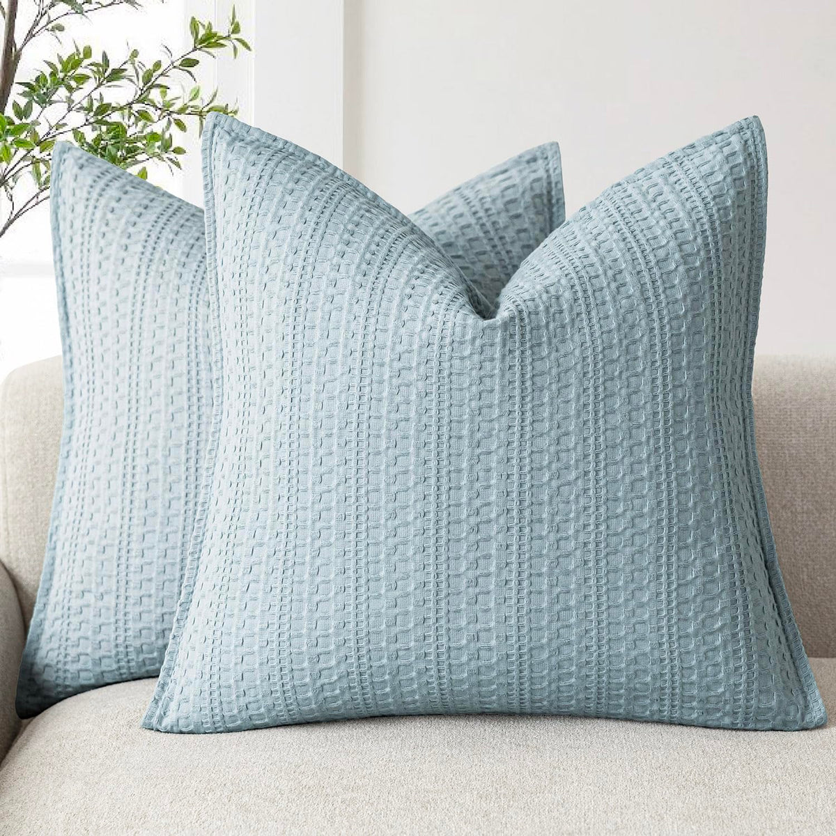 Foindtower Set of 2 Decorative Cotton Waffle Weave Textured Throw Pillow Covers Euro Sham Cushion Covers Accent European Pillowcase For Bed Couch Sofa Bedroom Living Room Home Decor 18×18 Inch Oatmeal