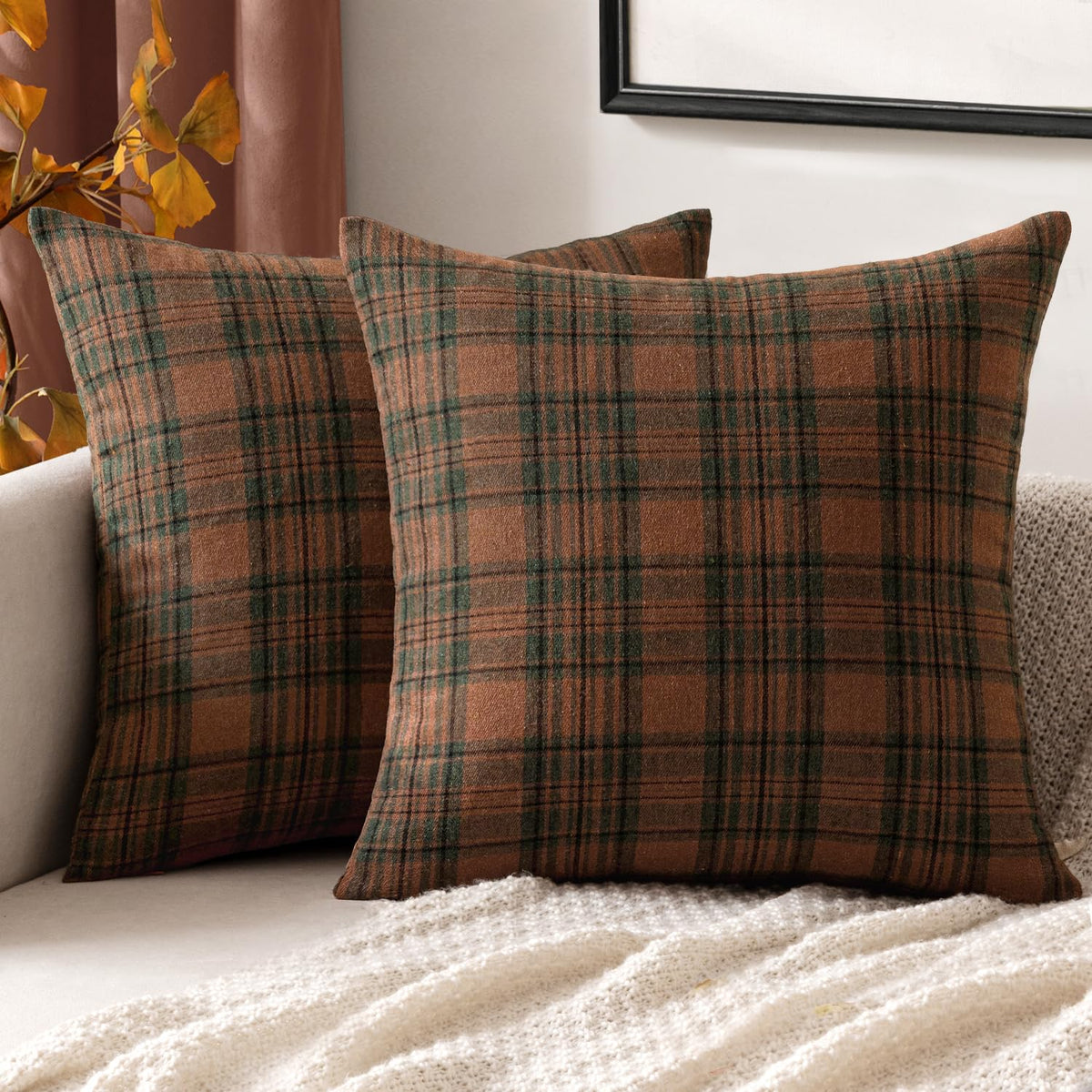 MIULEE Fall Plaid Pillow Covers Scottish Tartan 18x18 Brown
