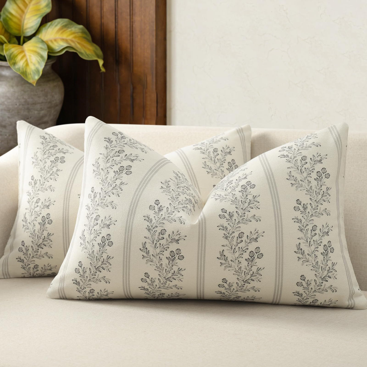 Vintage Throw Pillow Covers 18x18 Set of 2, Striped Floral Pillow Cover Botanical Patterned Decorative Cushion Covers Modern Farmhouse Home Decor for Sofa Couch Bed Living Room, Light Brown