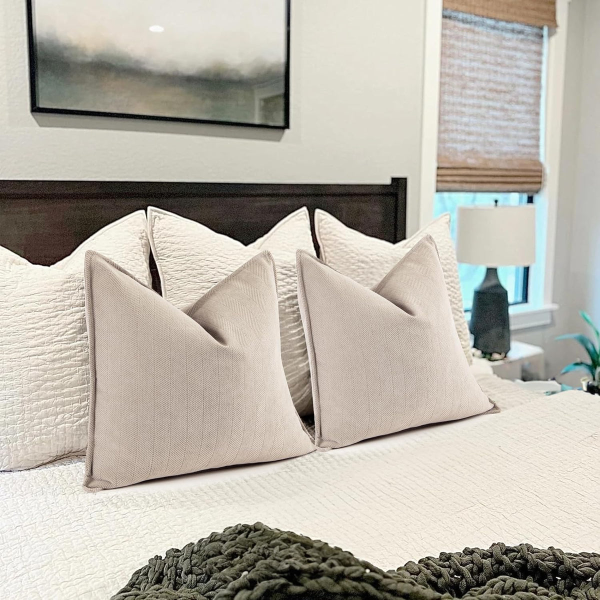 ZWJD Beige Pillow Covers 20x20 Set of 2 Chenille Throw Pillow Covers with Elegant Design Soft and Luxurious Decorative Throw Pillows for Couch, Bed, and Home Decor