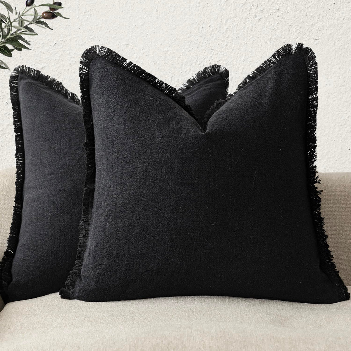 Foindtower Decorative Linen Fringe Throw Pillow Covers 18×18 Olive Green