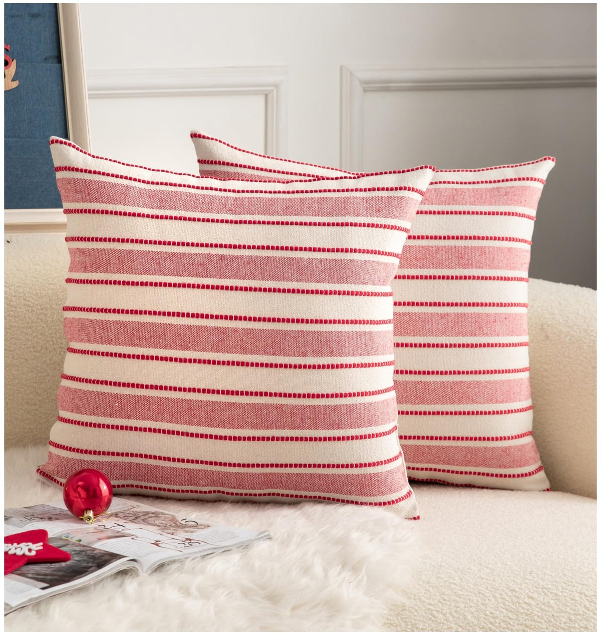 Cethom Decorative Boho Throw Pillow Covers, Farmhouse Textured Pillow Case, 20 x 20 Inch Set of 2, Chair Sofa Bedroom Living Room Home Decor Couch Cushion Case, Classic Blue and Beige Striped